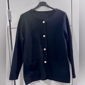 Relaxed Fit “Giselle” like Knit Black Blazer. Gold Crest Buttons